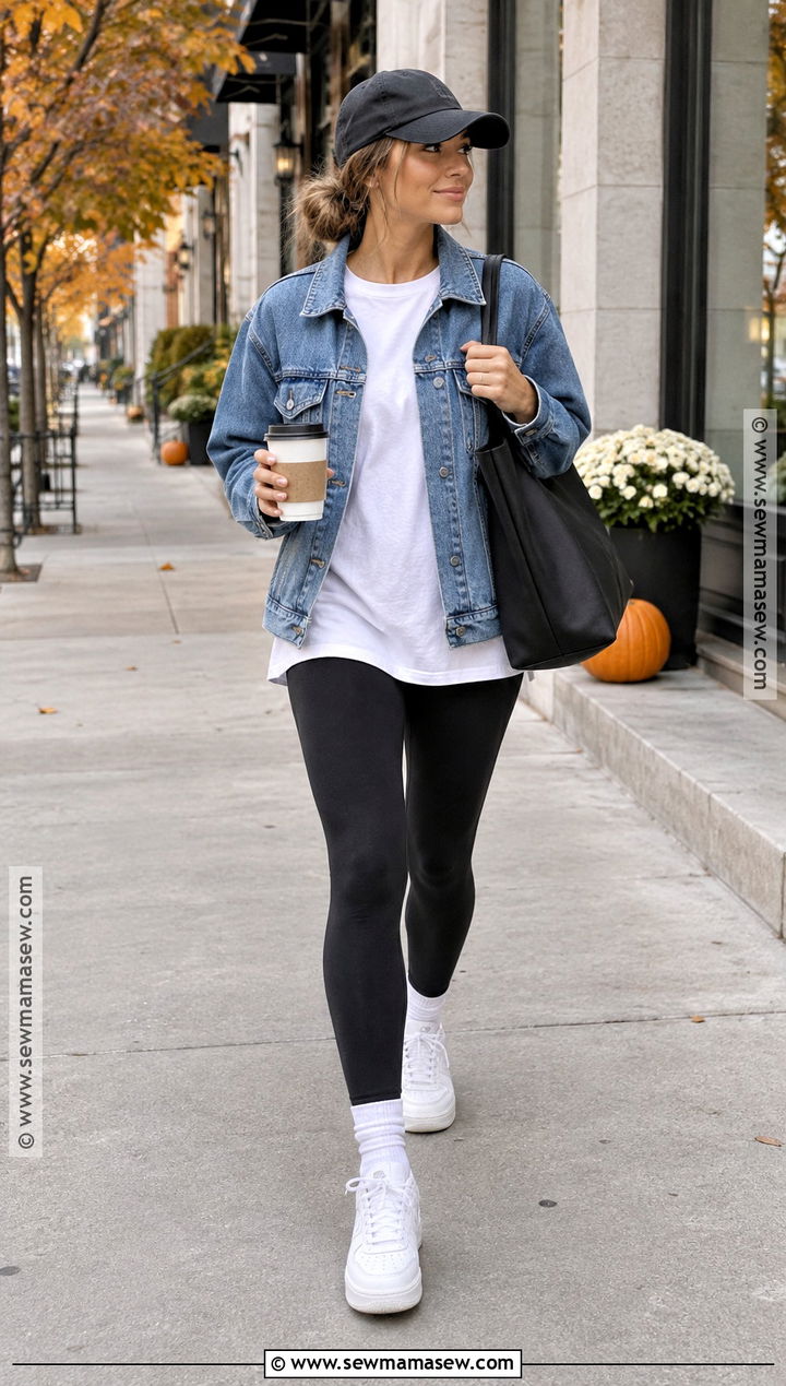 October Denim Jacket And Black Leggings Outfit - 15 october casual outfits