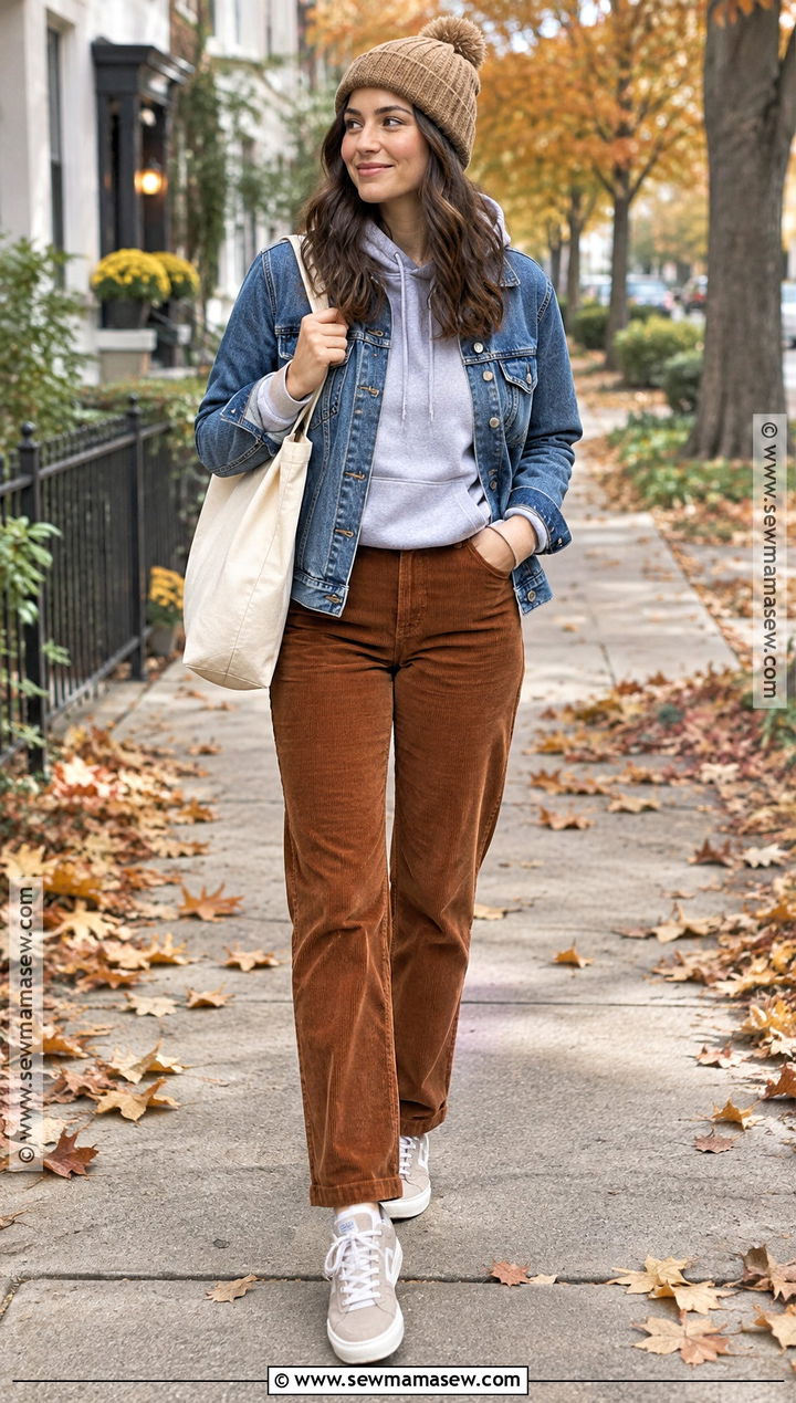 October Denim Jacket With Hoodie And Corduroy Pants - 20 Warm October Outfits