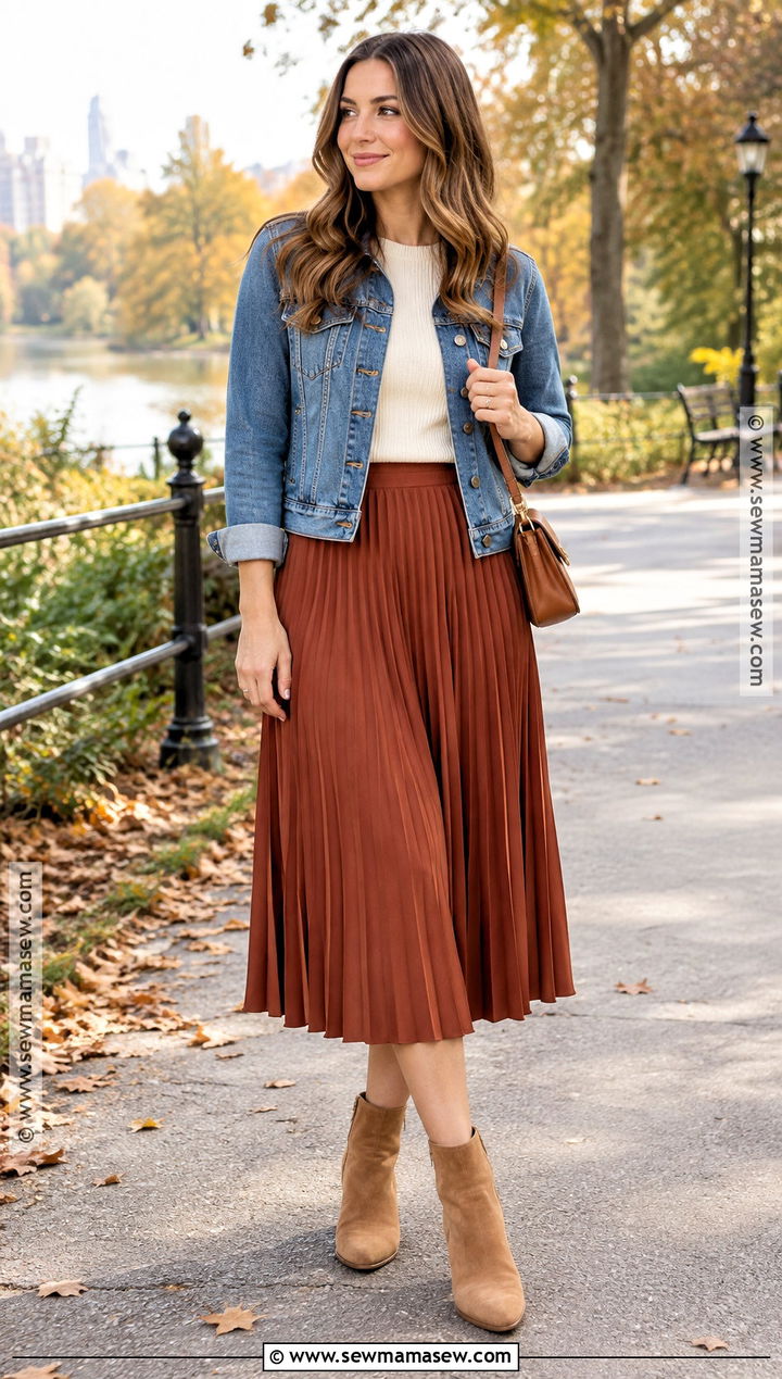 October Denim Jacket and Midi Skirt Outfit - 15 october wardrobe ideas