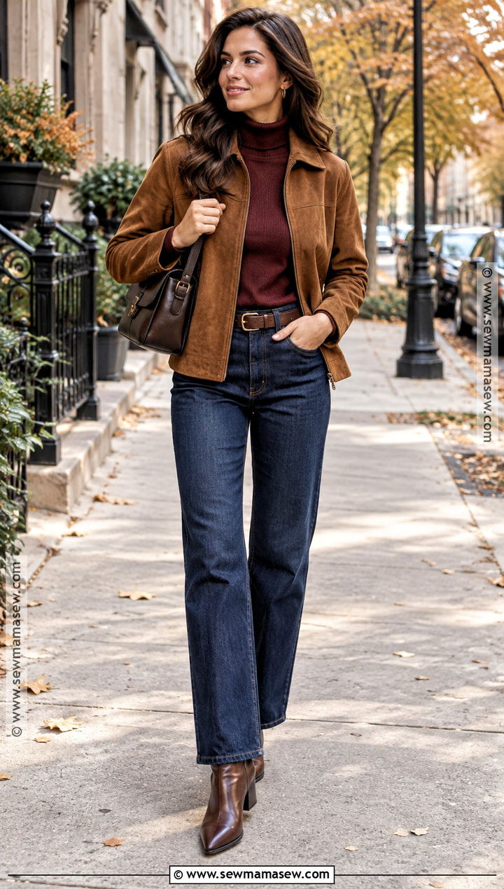 October Faux Suede Jacket With Turtleneck And Dark Jeans - 20 Warm October Outfits