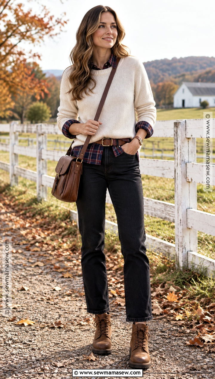 October Flannel Shirt With Sweater And Black Jeans - 20 Warm October Outfits