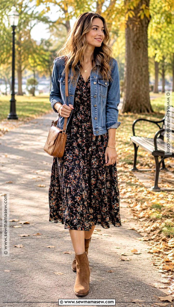 October Floral Midi Dress With Denim Jacket - 20 october dress ideas