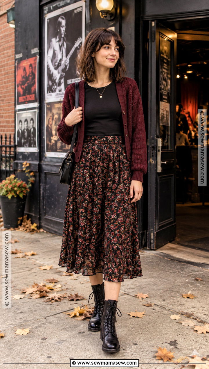 October Indie Concert Outfit With Cardigan And Midi Skirt - 20 October Concert Outfit Ideas