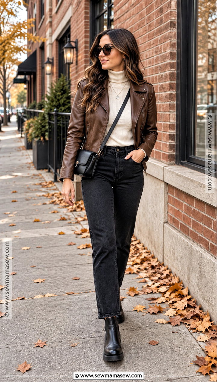 October Leather Jacket With Turtleneck And Black Jeans - 20 Warm October Outfits