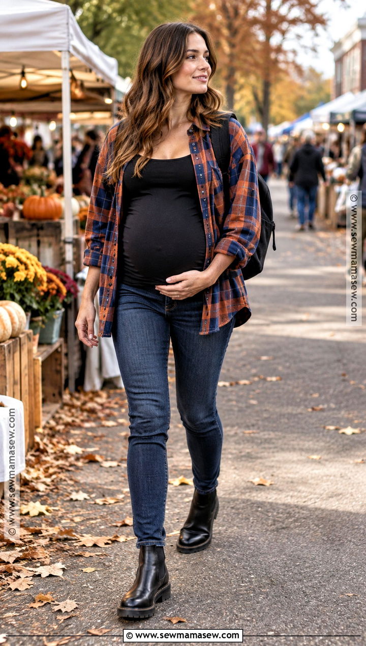 October Maternity Flannel Shirt And Jeans Outfit - 15 october maternity outfits