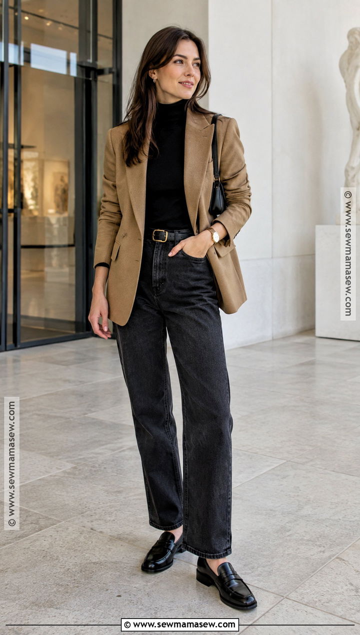 October Museum Outfit With Blazer And Dark Jeans - 15 october vacation outfits