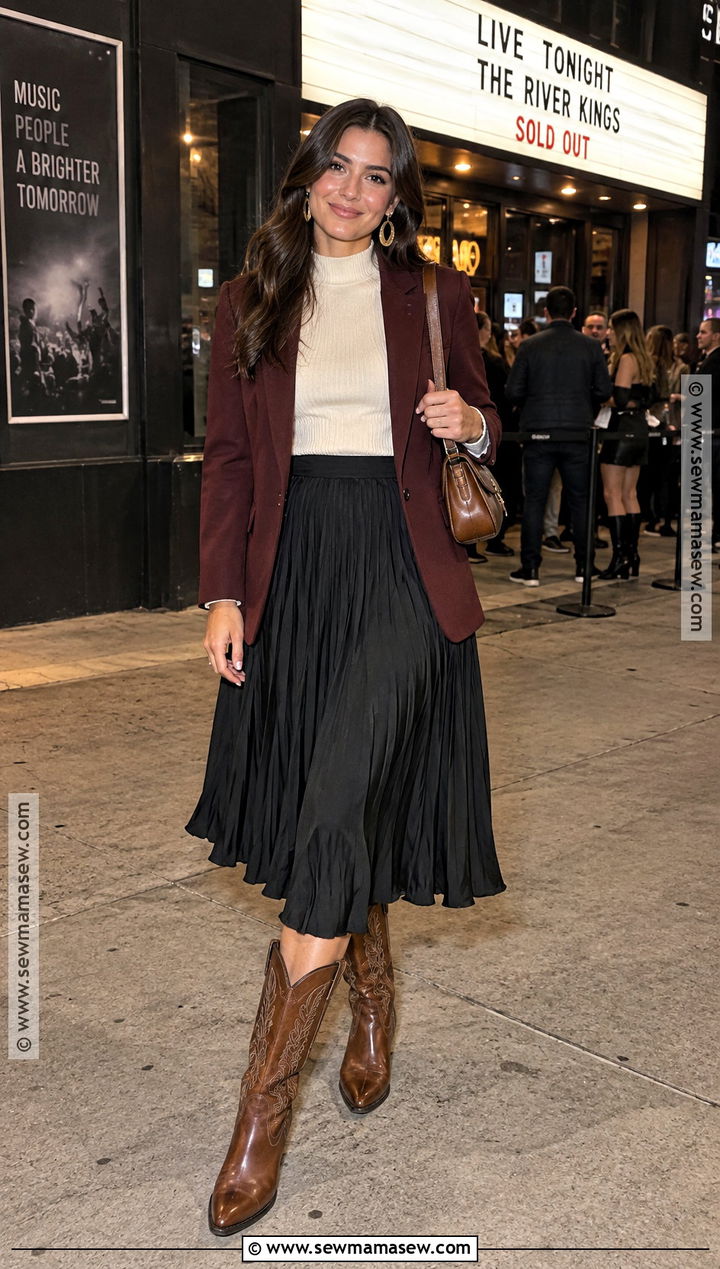October Night Out Cowboy Boots And Midi Skirt Outfit - 20 October Night Out Outfit Ideas