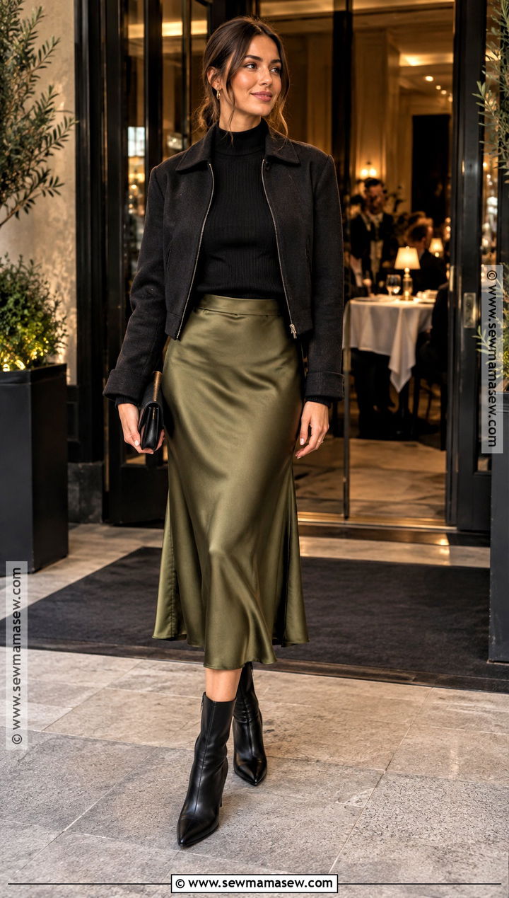 October Night Out Satin Skirt And Fitted Sweater Outfit - 20 October Night Out Outfit Ideas