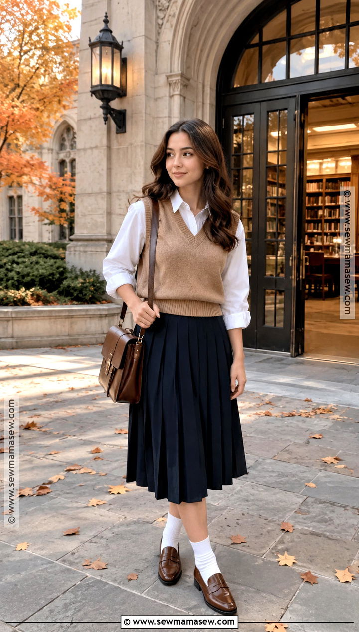 October Outfit With Sweater Vest And Pleated Skirt - 25 october outfits aesthetic