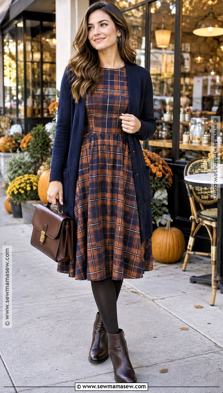 October Plaid Dress With Long Cardigan - 20 october dress ideas