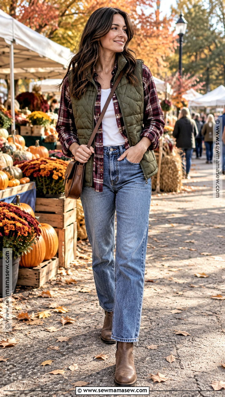 October Puffer Vest and Flannel Shirt Outfit - 20 october outfits fall