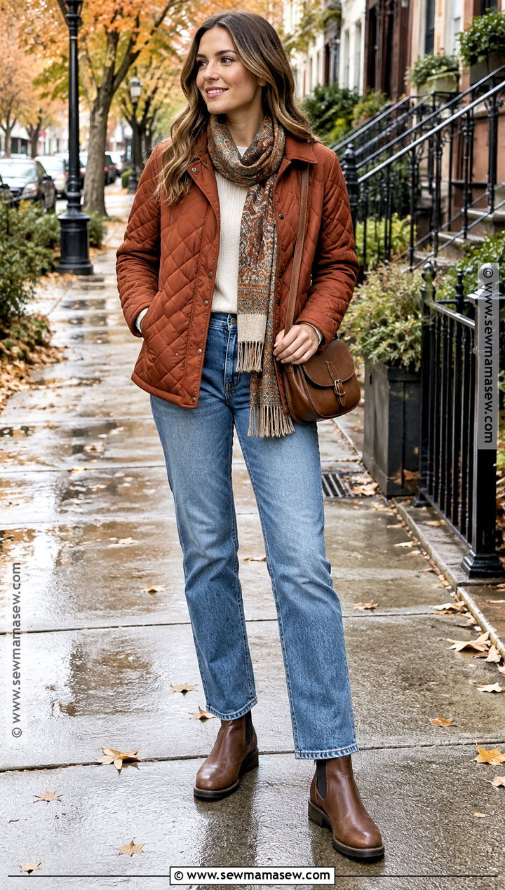 October Quilted Jacket With Thermal Top And Jeans - 20 Warm October Outfits