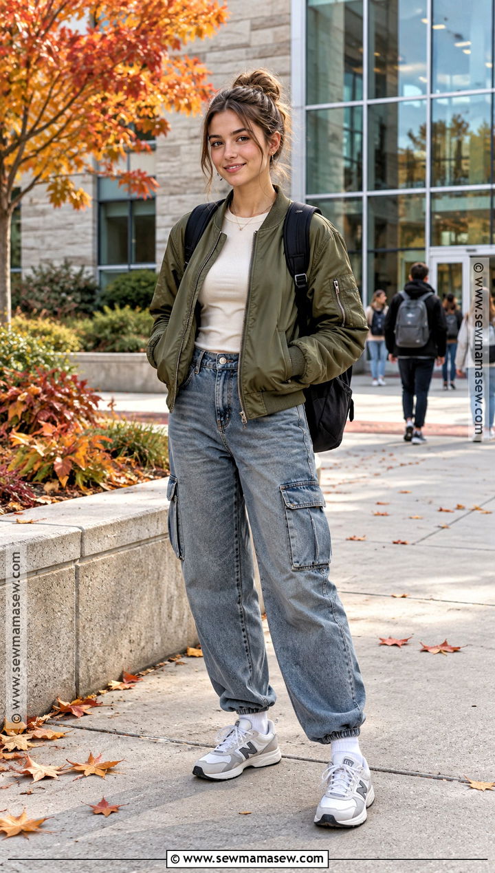 October School Outfit With A Bomber Jacket And Cargo Jeans - 15 october outfits for school
