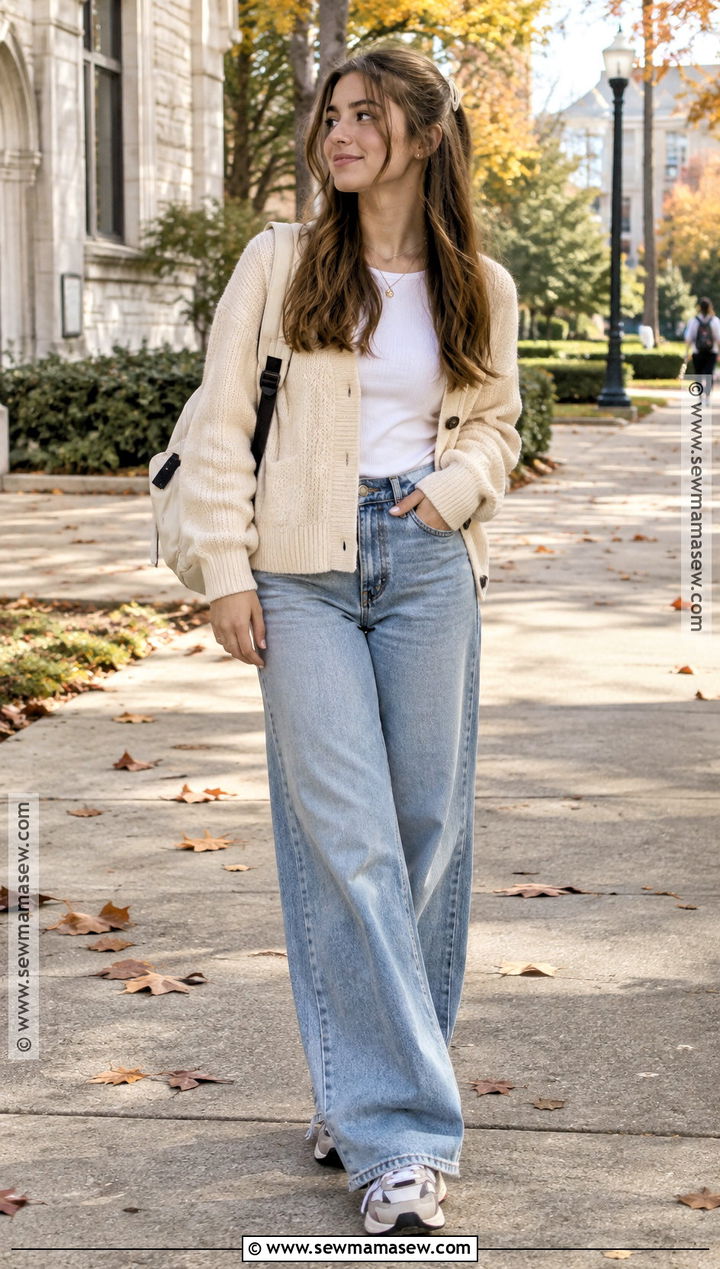 October School Outfit With A Cardigan And Wide Leg Jeans - 15 october outfits for school