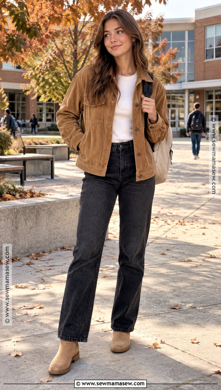 October School Outfit With A Corduroy Jacket And Dark Jeans - 15 october outfits for school