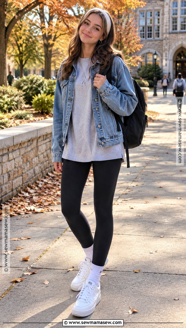 October School Outfit With A Denim Jacket And Leggings - 15 october outfits for school