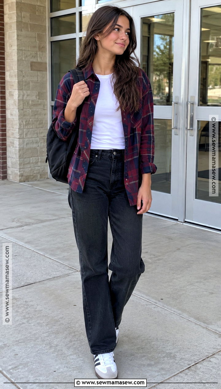 October School Outfit With A Plaid Shirt And Black Jeans - 15 october outfits for school