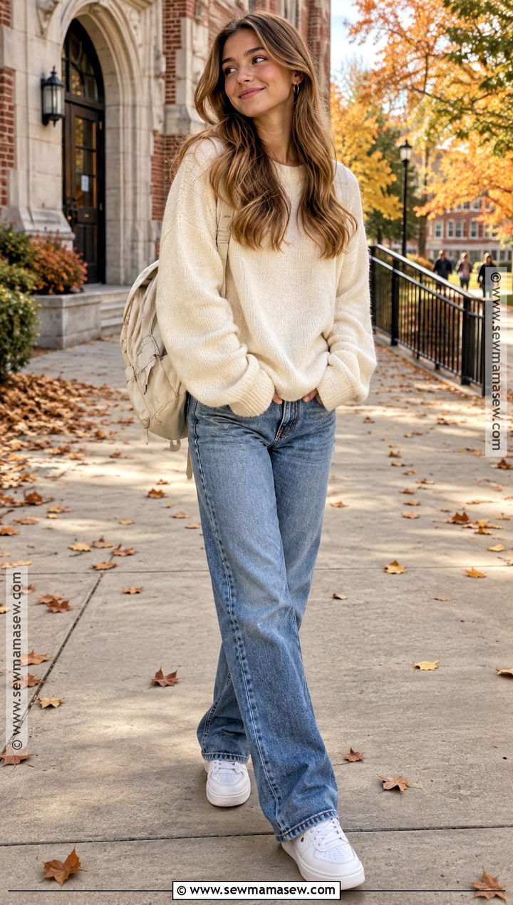 October School Outfit With Oversized Sweater And Jeans - 15 October School Outfits