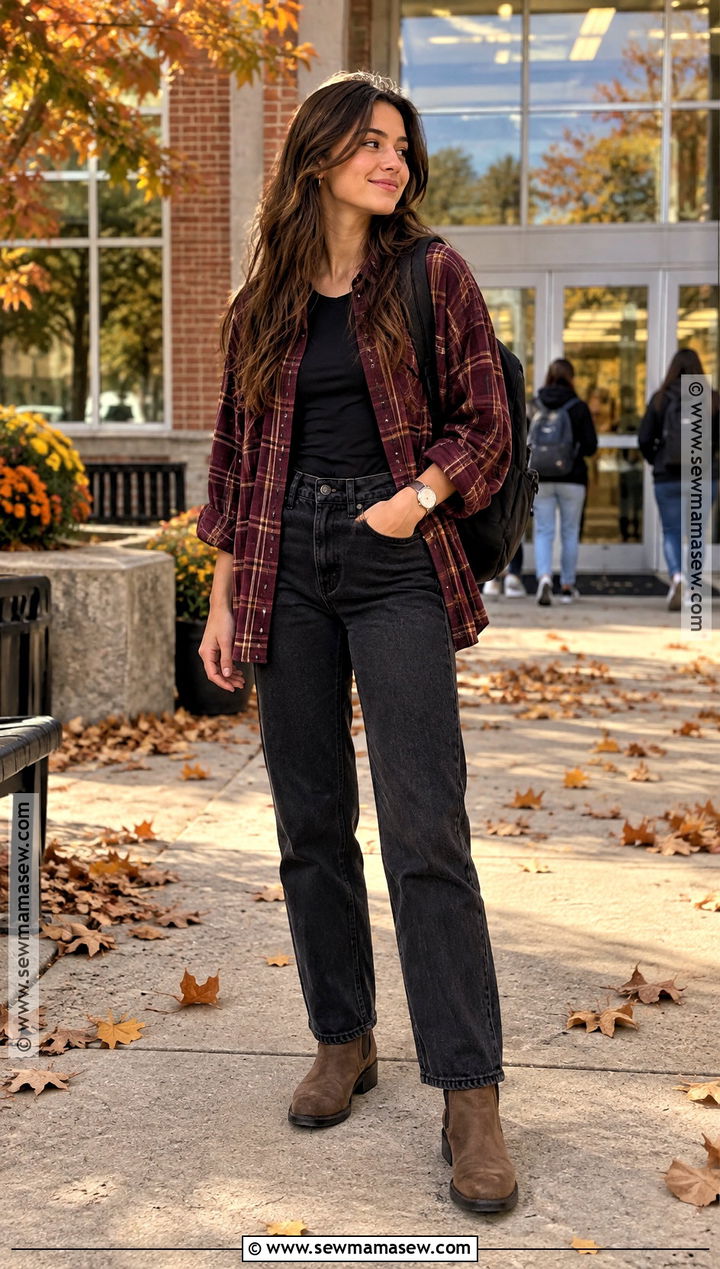 October School Outfit With Plaid Shirt And Black Jeans - 15 October School Outfits