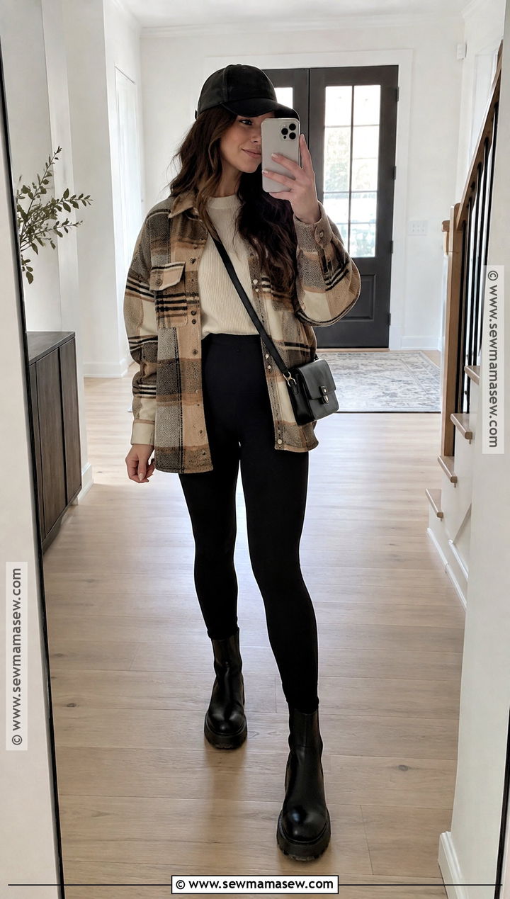 October Shacket and Black Leggings Outfit - 20 october outfits fall