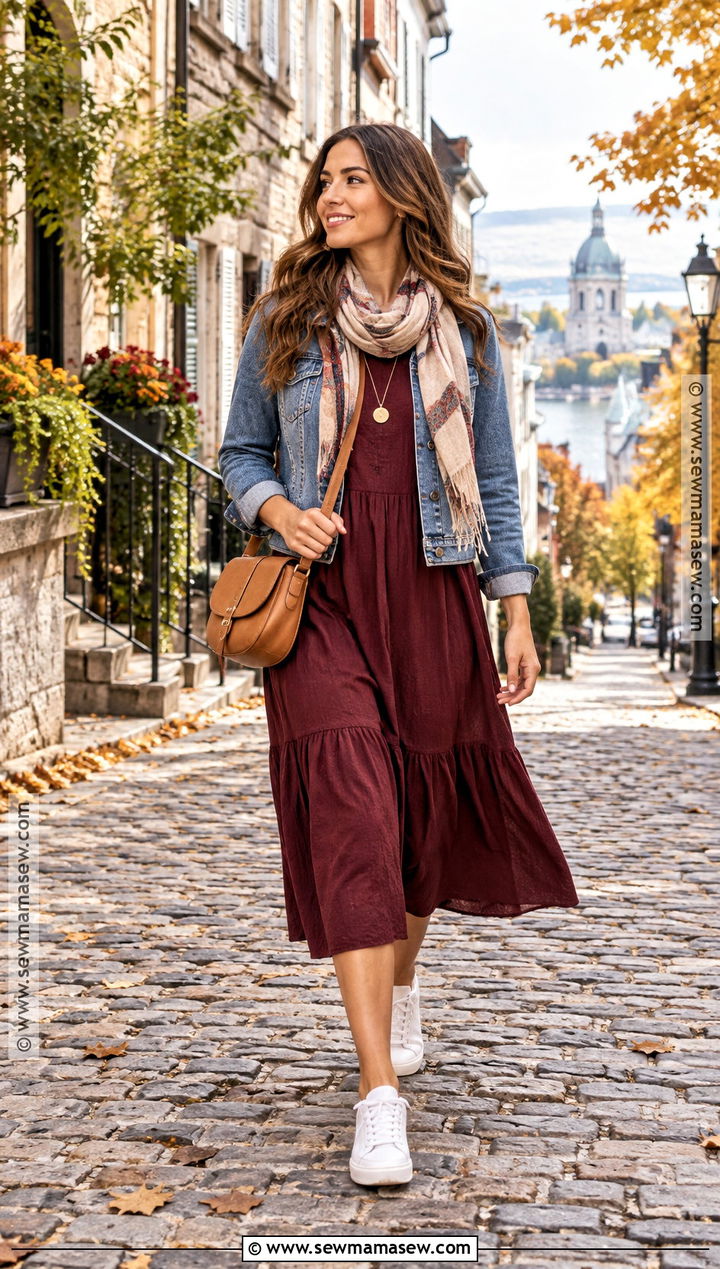 October Sightseeing Outfit With Denim Jacket And Midi Dress - 15 october vacation outfits