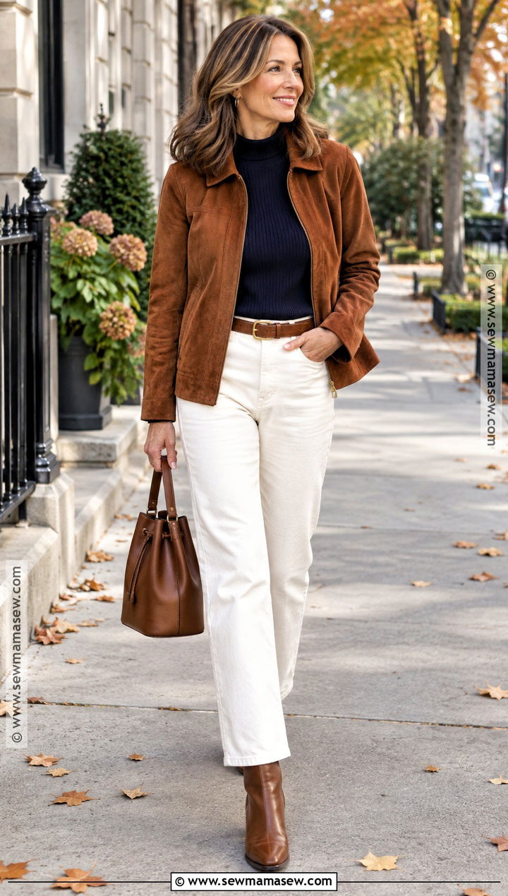 October Suede Jacket and Cream Jeans Outfit - 25 october fits
