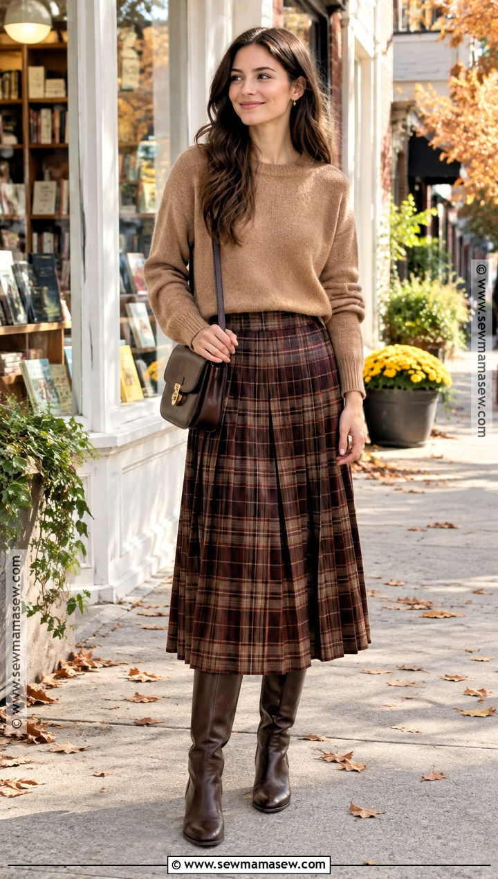 October Sweater And Plaid Midi Skirt Outfit - 15 October Inspo Outfits