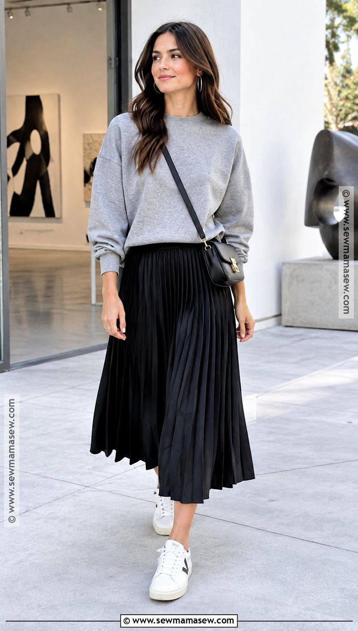 October Sweatshirt and Pleated Skirt Outfit - 20 october outfits fall