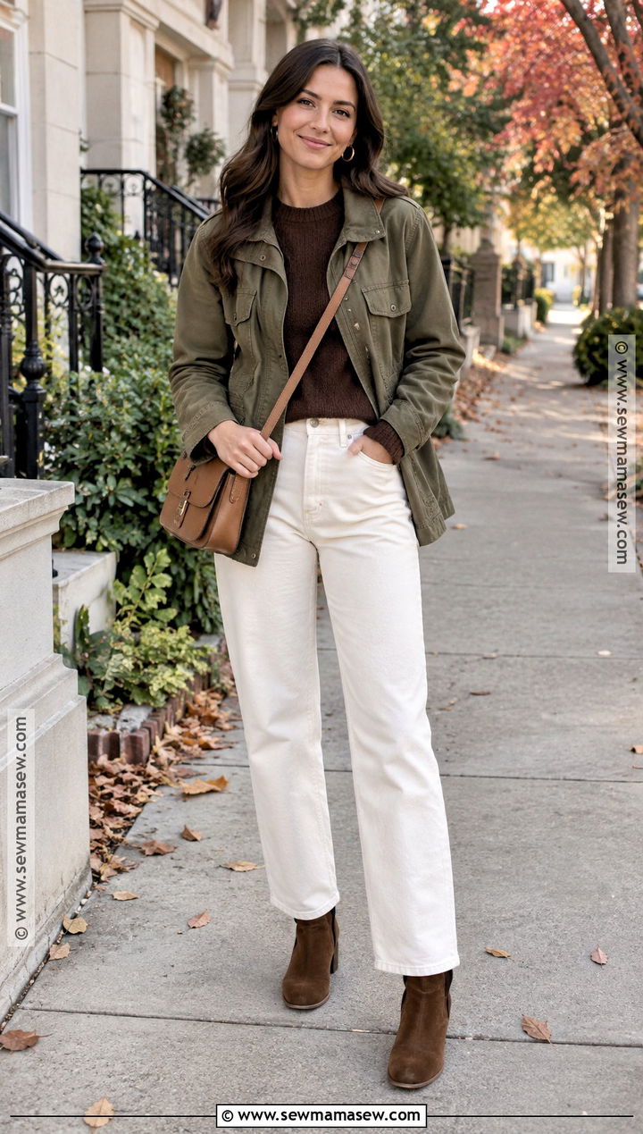 October Utility Jacket And White Jeans Outfit - 15 october casual outfits