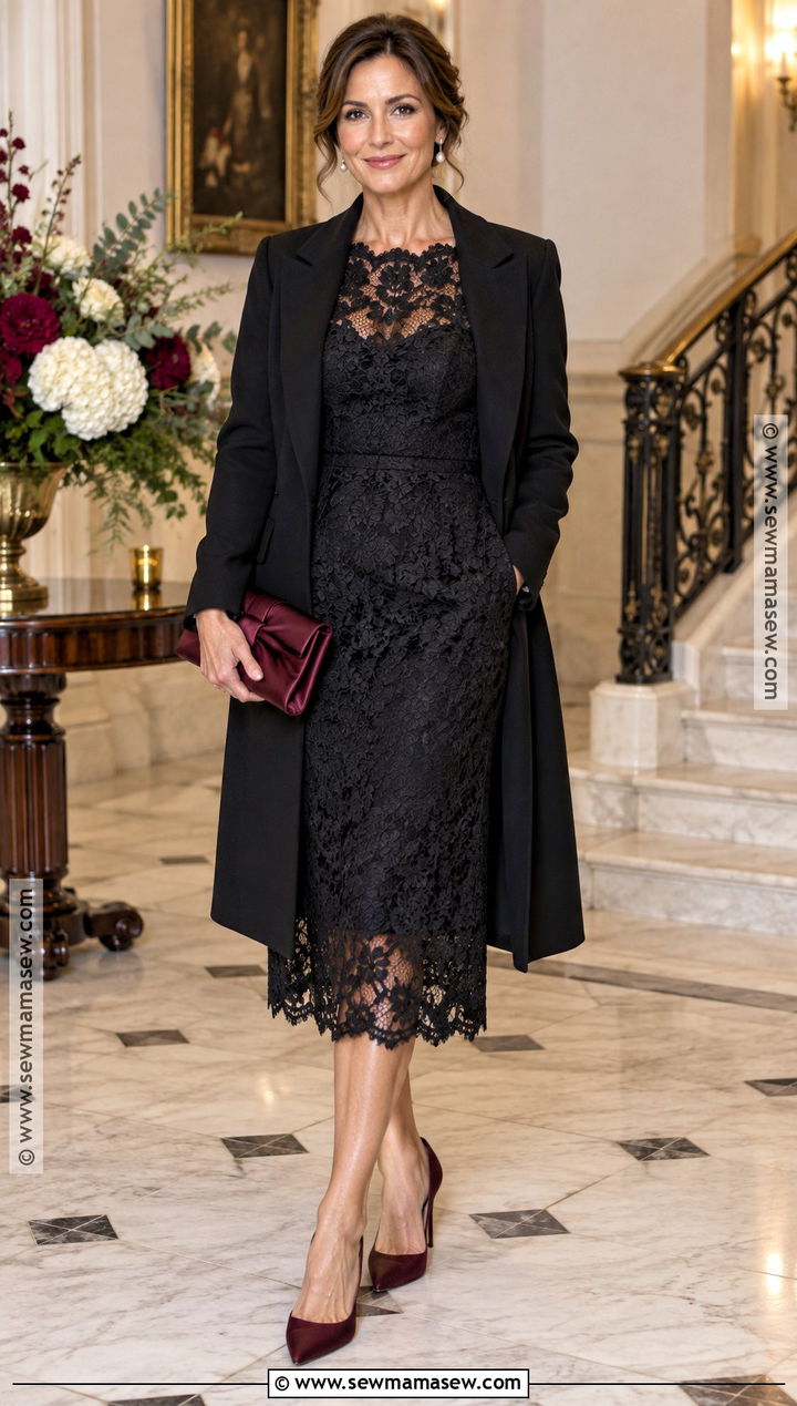 October Wedding Black Lace Midi Dress With Burgundy Accessories - 15 october wedding attire guest ideas