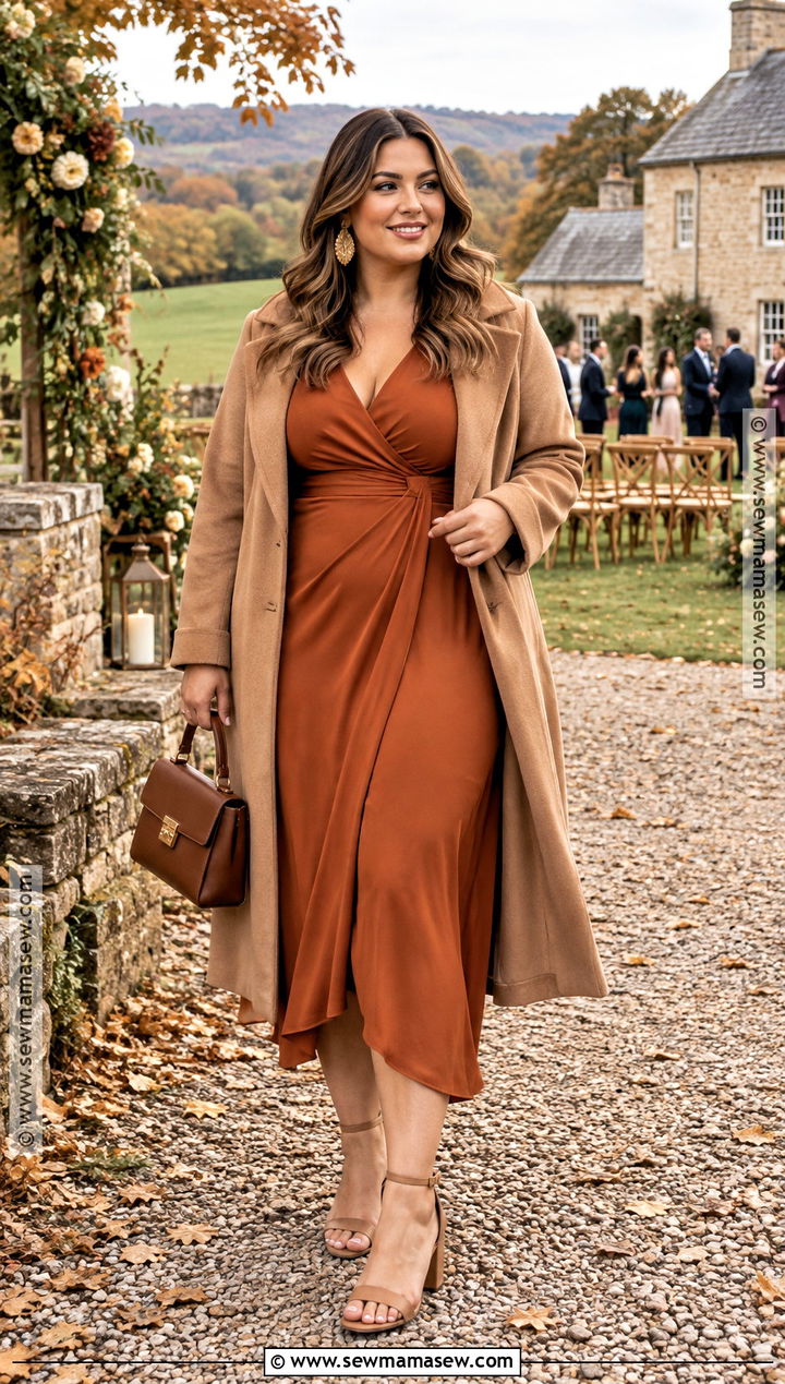 October Wedding Burnt Orange Midi Dress With Camel Coat - 15 october wedding attire guest ideas