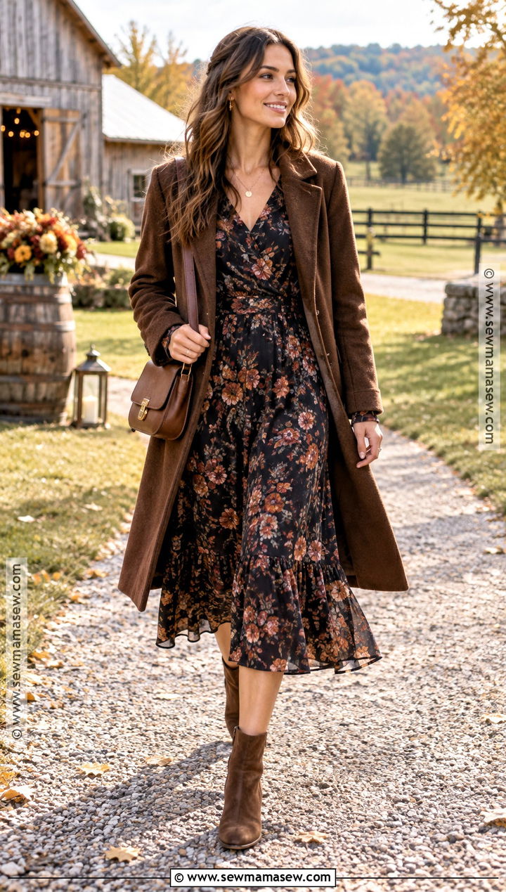 October Wedding Dark Floral Tea Dress With Ankle Boots - 15 october wedding attire guest ideas