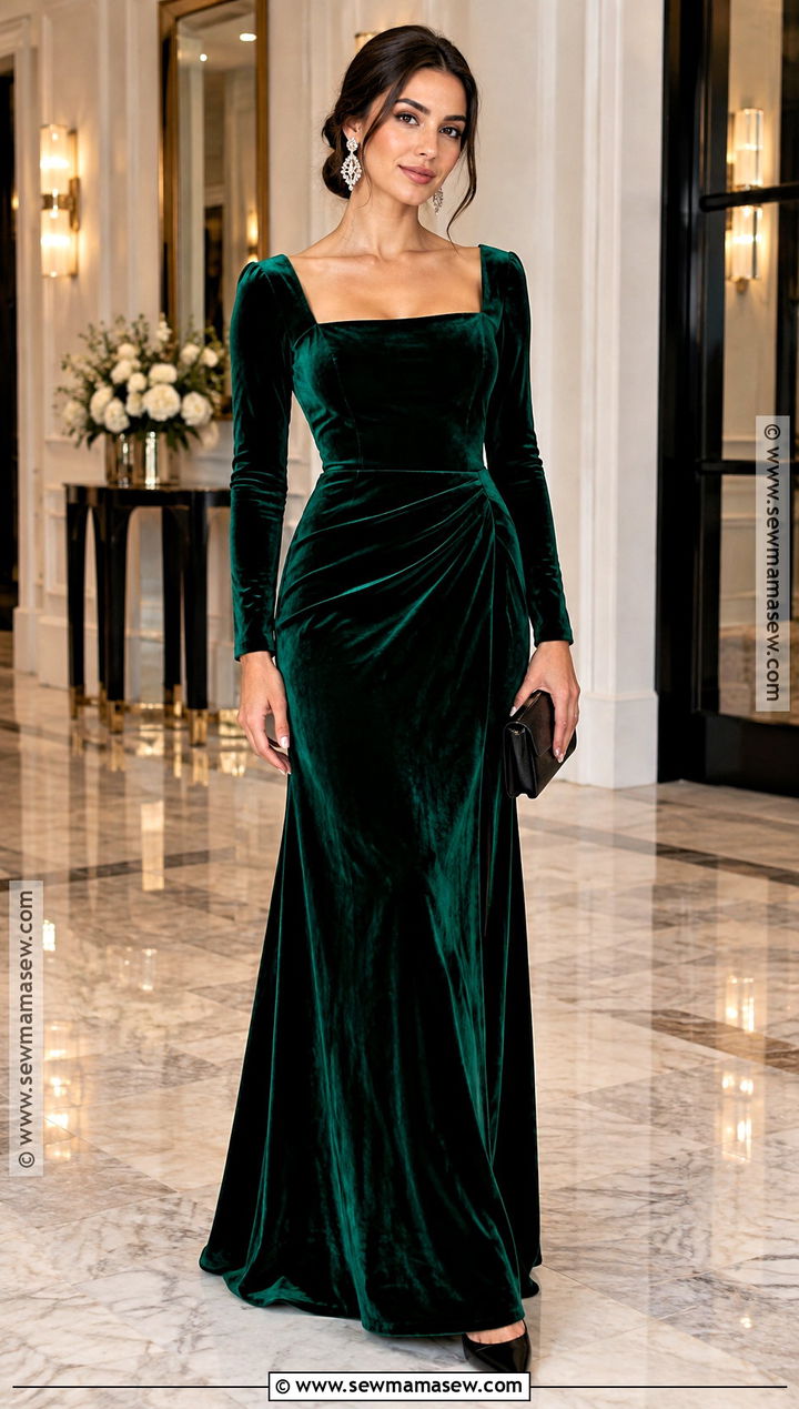 October Wedding Emerald Velvet Maxi Dress With Black Pumps - 15 october wedding attire guest ideas