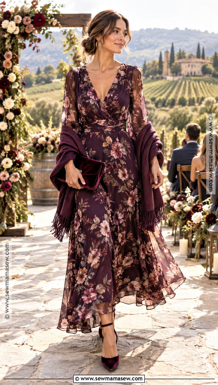 October Wedding Plum Floral Maxi Dress With Suede Heels - 15 october wedding attire guest ideas