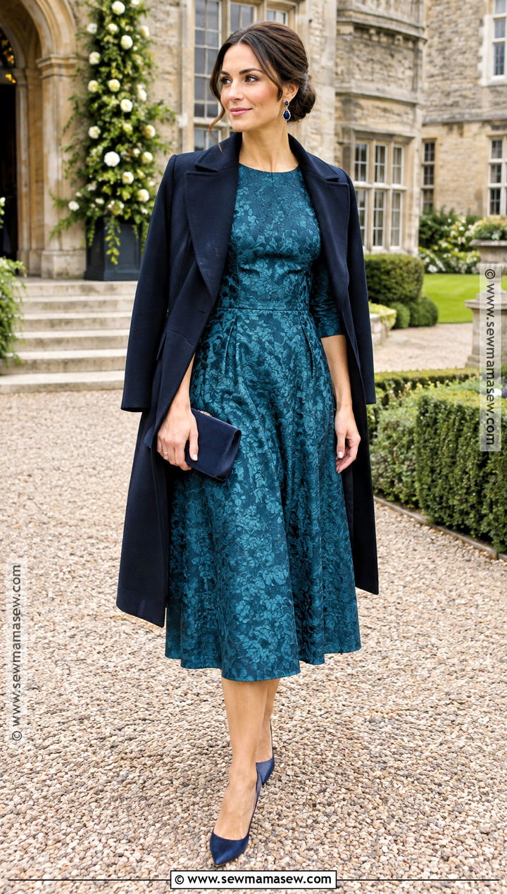 October Wedding Teal Jacquard Midi Dress With Navy Shoes - 15 october wedding attire guest ideas