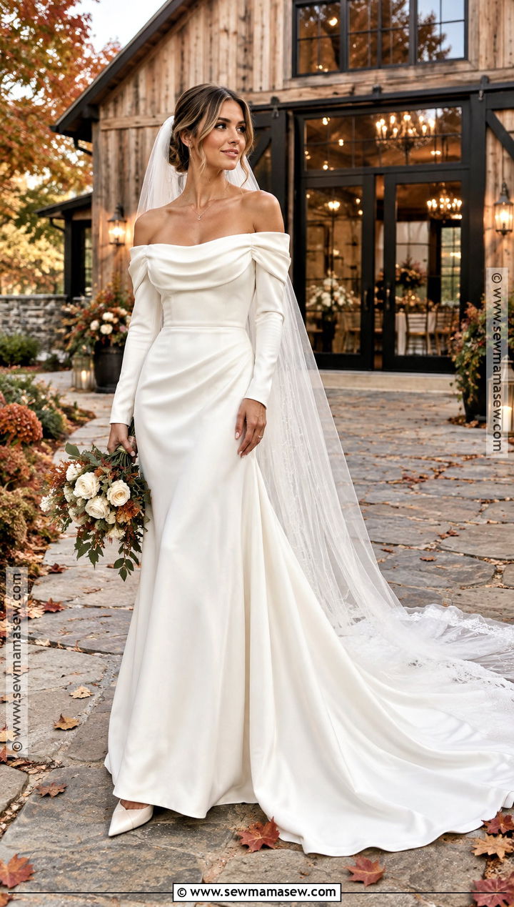 Off Shoulder Autumn Wedding Dress With Sleeves - 20 wedding dress autumn ideas