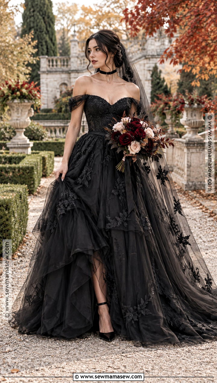 Off Shoulder Black Tulle Gothic Wedding Dress - 15 Gothic Fall Wedding Dress Ideas