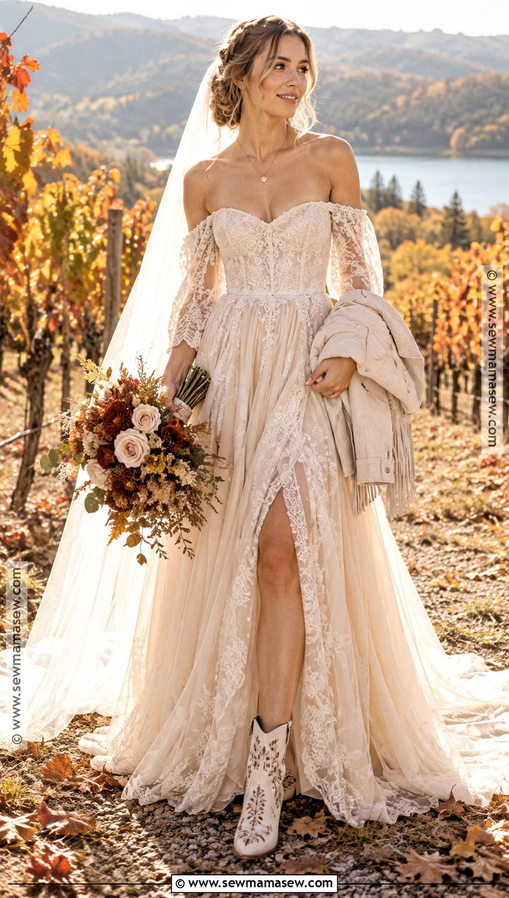 Off Shoulder Boho Autumn Wedding Dress - 15 boho autumn wedding dress ideas