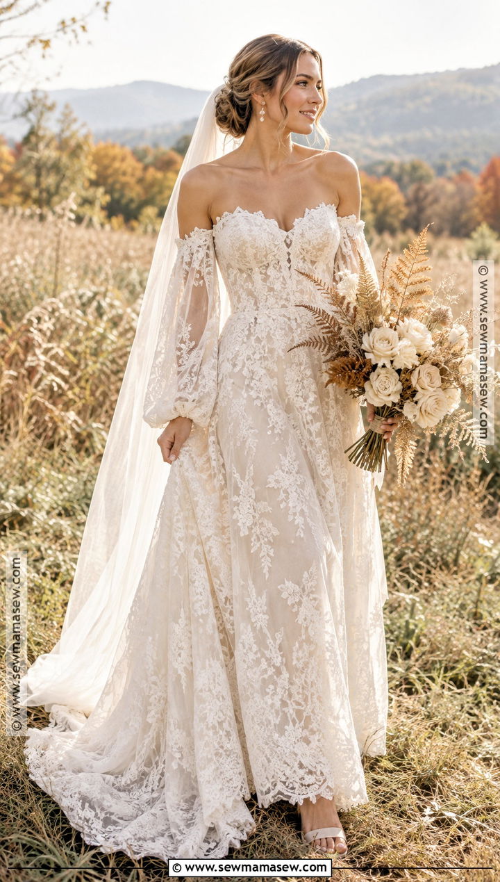 Off Shoulder Boho Long Sleeve Wedding Dress - 15 boho fall wedding dress long sleeve ideas