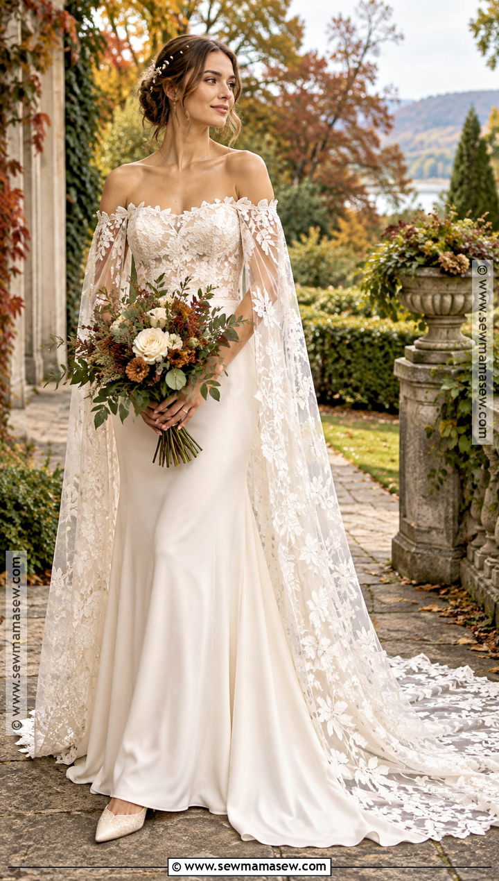 Off Shoulder Boho Wedding Dress With A Bridal Cape - 15 boho wedding dress fall ideas
