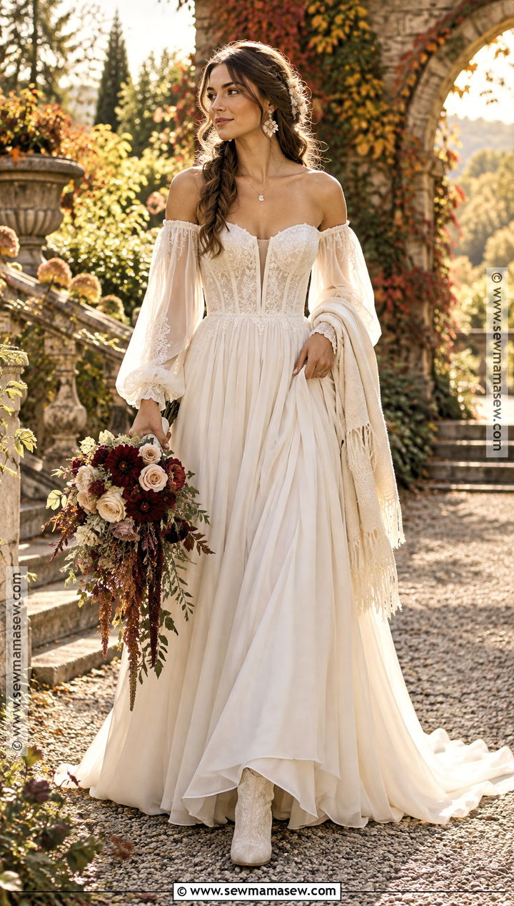 Off Shoulder Boho Wedding Dress - 15 autumn boho wedding dress ideas