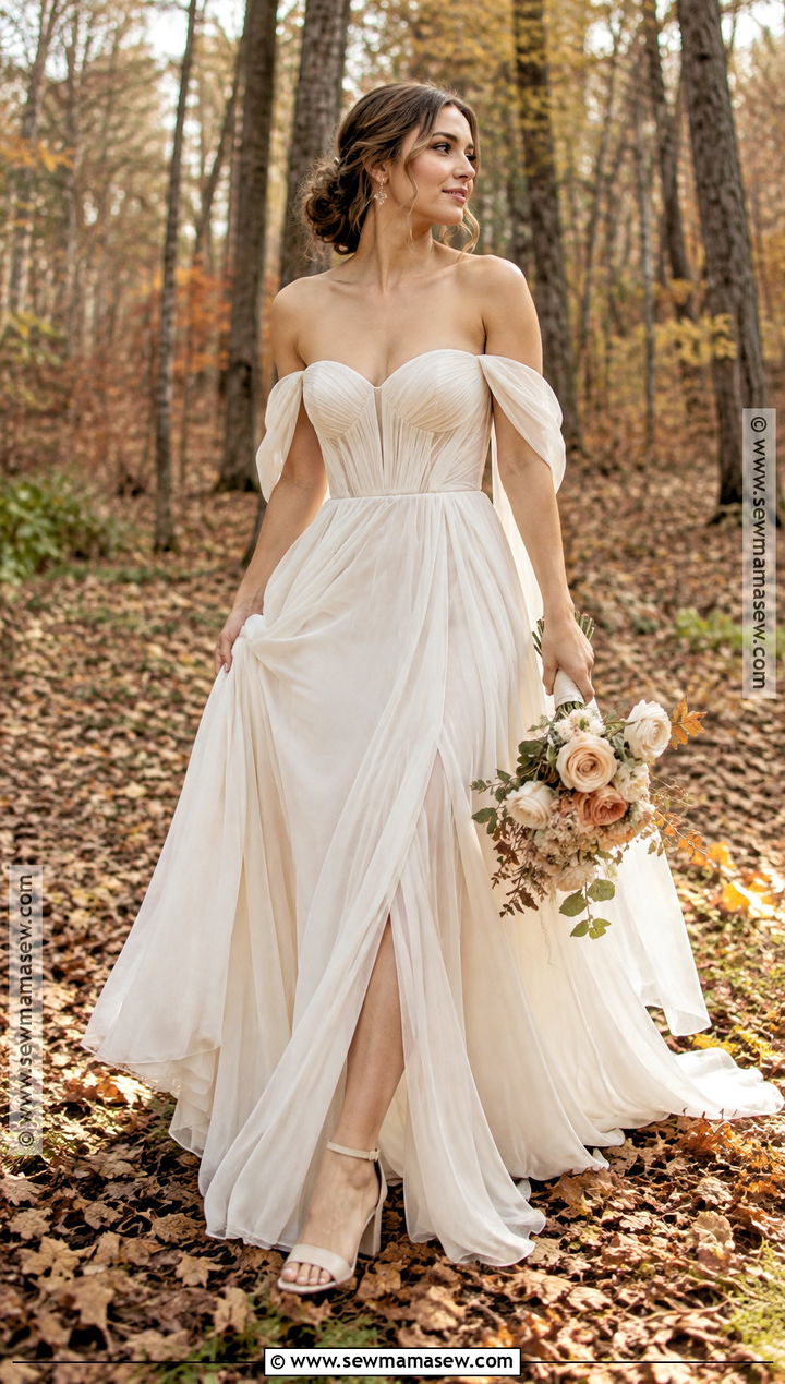 Off Shoulder Chiffon Fall Forest Wedding Dress - 15 fall forest wedding dress ideas