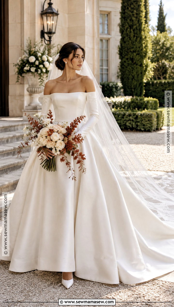 Off Shoulder Crepe Fall Bride Gown - 15 fall bride outfit ideas