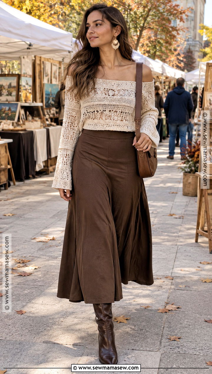 Off Shoulder Crochet Fall Top With A Maxi Skirt - 20 crochet fall top ideas
