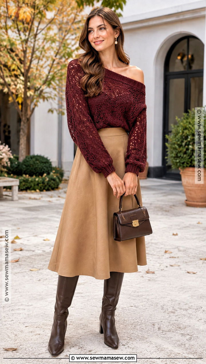 Off Shoulder Crochet Sweater With A Line Midi Skirt - 15 Autumn Crochet Sweater Ideas