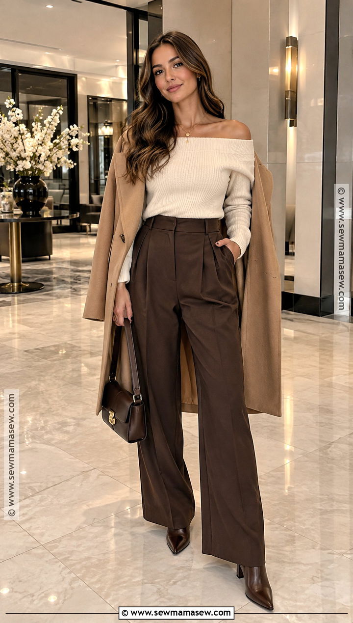 Off Shoulder Knit And Wide Leg Trousers Autumn Outfit - 15 Autumn Styles 2026