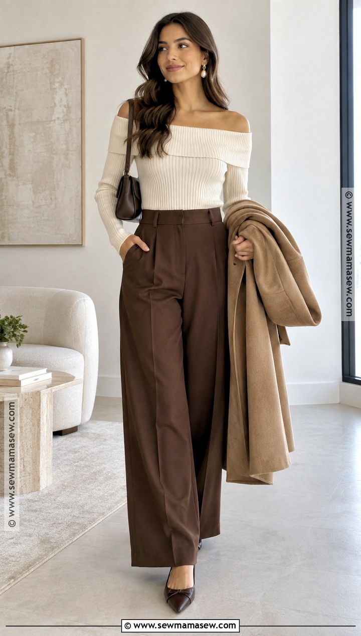 Off Shoulder Knit Fall Top With Wide Leg Pants - 25 fall tops