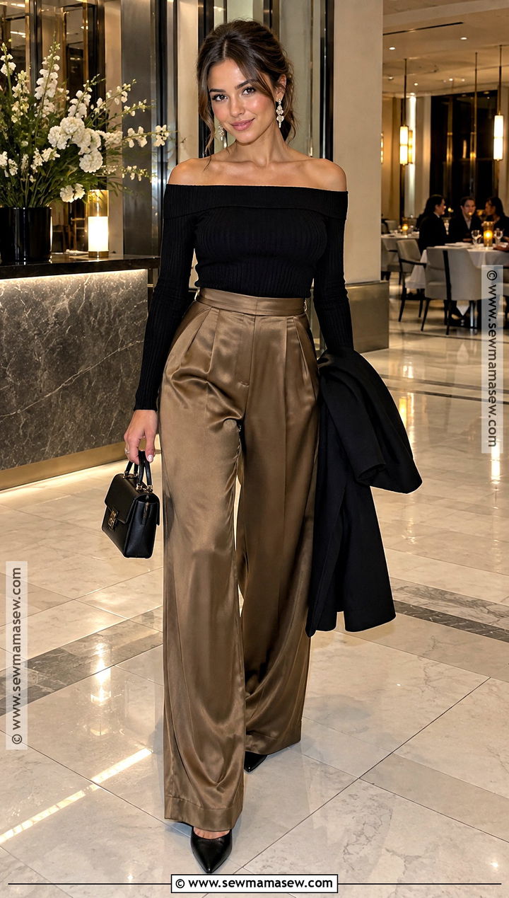 Off Shoulder Knit Top With Satin Pants - 20 birthday outfit ideas for women fall
