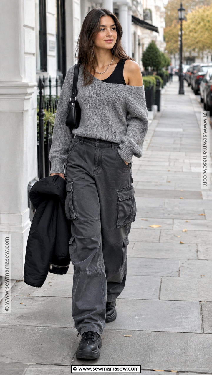 Off Shoulder Knit and Cargo Pants Acubi Autumn Outfit - 20 acubi autumn outfits