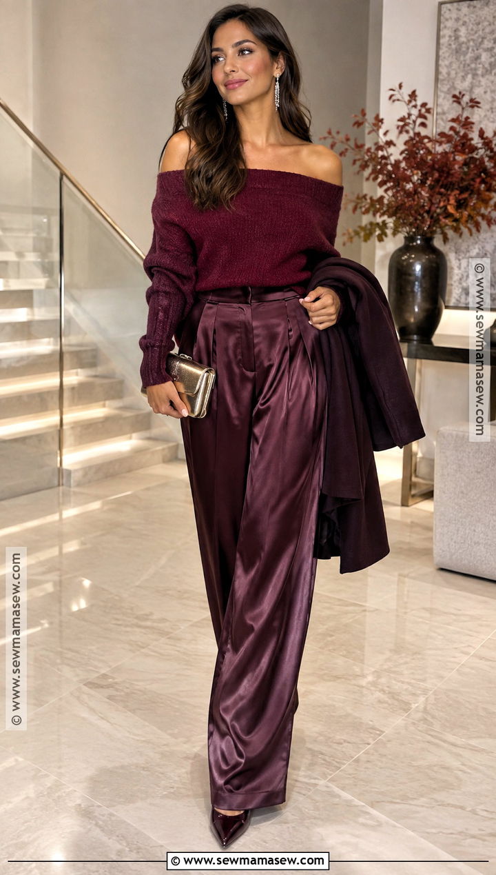 Off Shoulder Knit and Satin Trousers Autumn Glam Outfit - 15 autumn glam outfit ideas